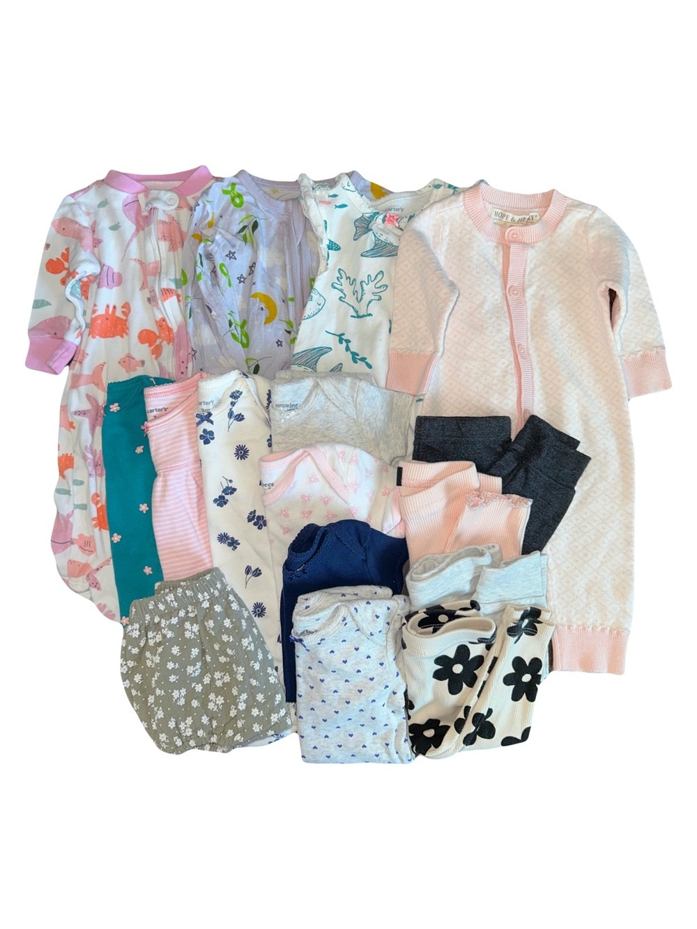 16 Pc Bundle Assorted Baby Clothes PJs One Piece Zippies Bloomers Bamboo 0-3M